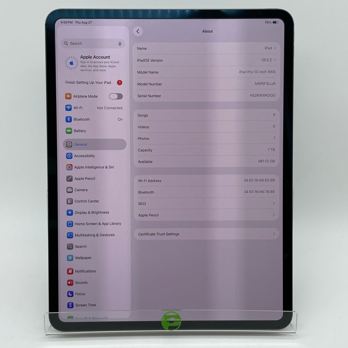 WiFi Only Apple iPad Pro 13" M4 1TB Space Black MWRF3LL/A
